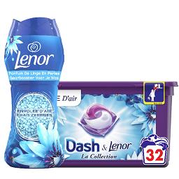 Lessive envolée d'air, la boîte de 32 et parfum de linge en perles la boîte  de 224g DASH LENOR - Intermarché