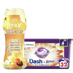 Lessive souffle précieux la boîte de 32 et parfum de linge en perles souffle  précieux la boîte de 224g DASH LENOR - Intermarché