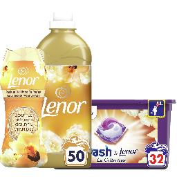 Lessive en capsules la boîte de 32, adoucissant la bouteille de 1,15l et  parfum de linge en perles la boite de 224g DASH LENOR - Intermarché